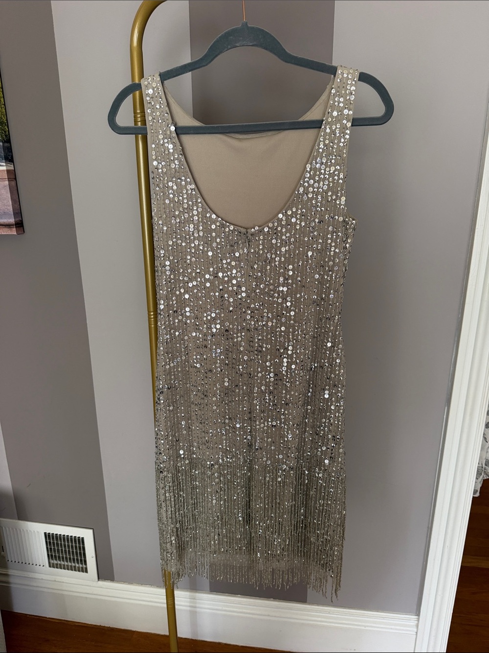 Adrianna Papell Silver Sequin Fringe Sleeveless Dress - Picture 6 of 9